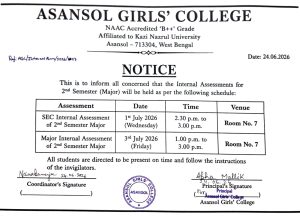 Notice for Second Semester Major Internal Assessment